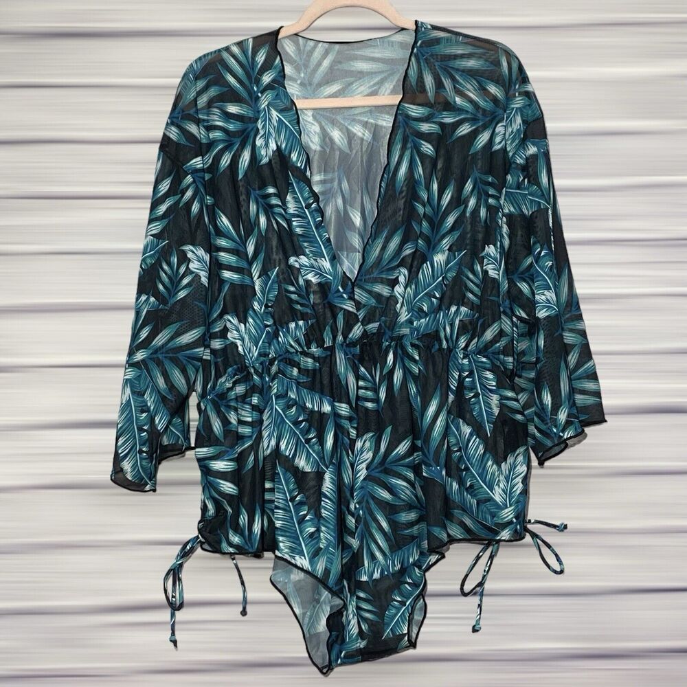 Women's XL Mesh Long Sleeves Leaf Design Swimwear Bathing Suit Coverup